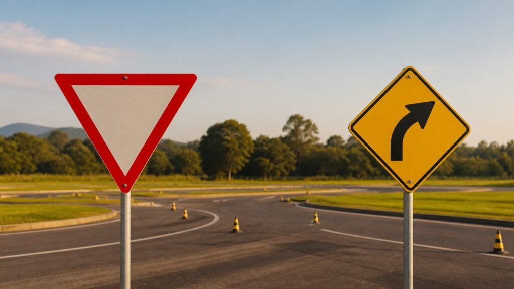 Placas de dê a preferência e curva à direita
