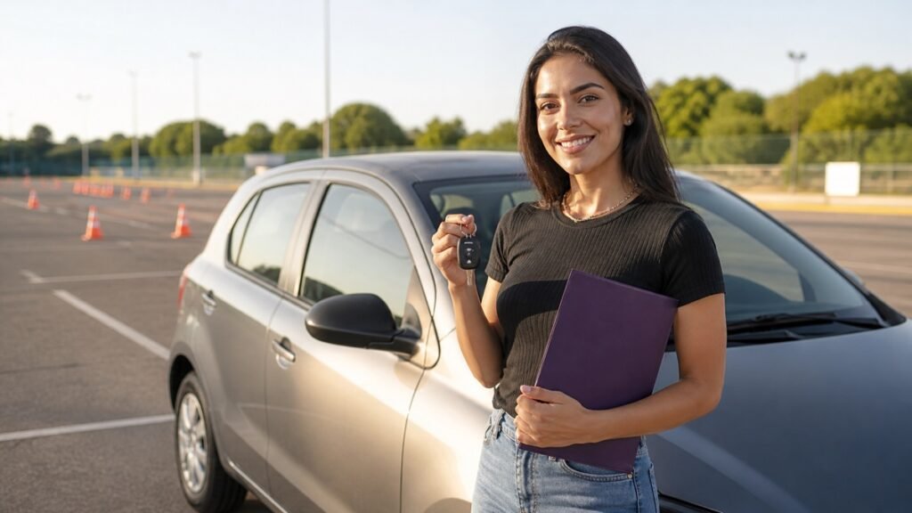 Candidata ao lado de carro em pista de treinamento