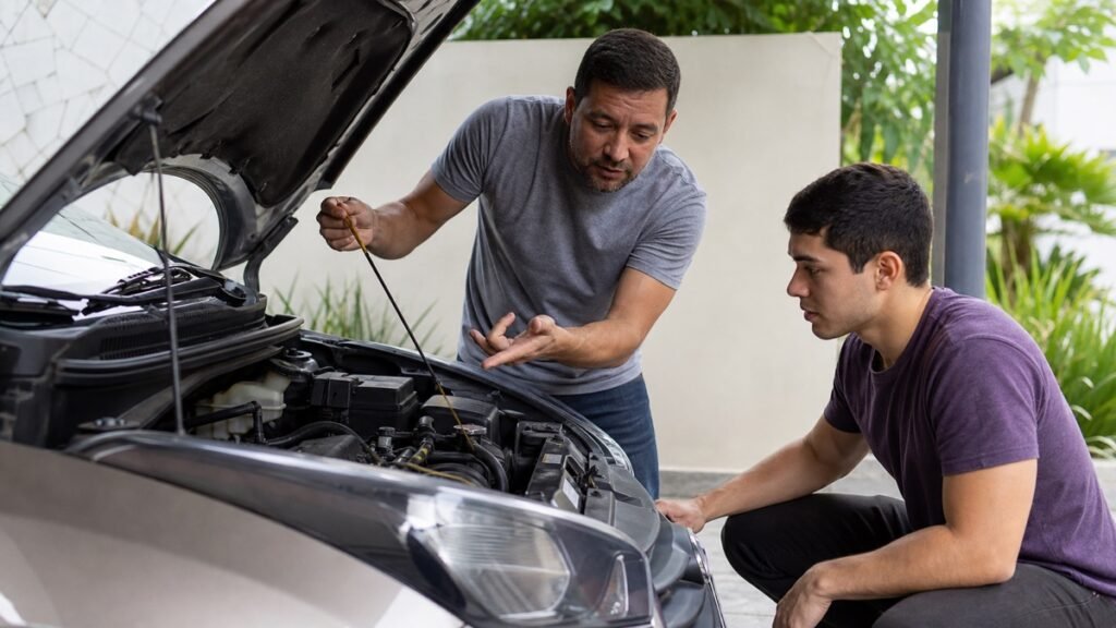 Candidato aprendendo noções básicas de manutenção do carro