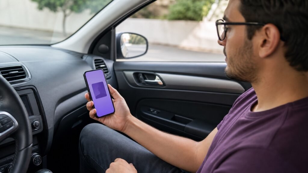 Motorista consultando documento digital em celular no carro estacionado