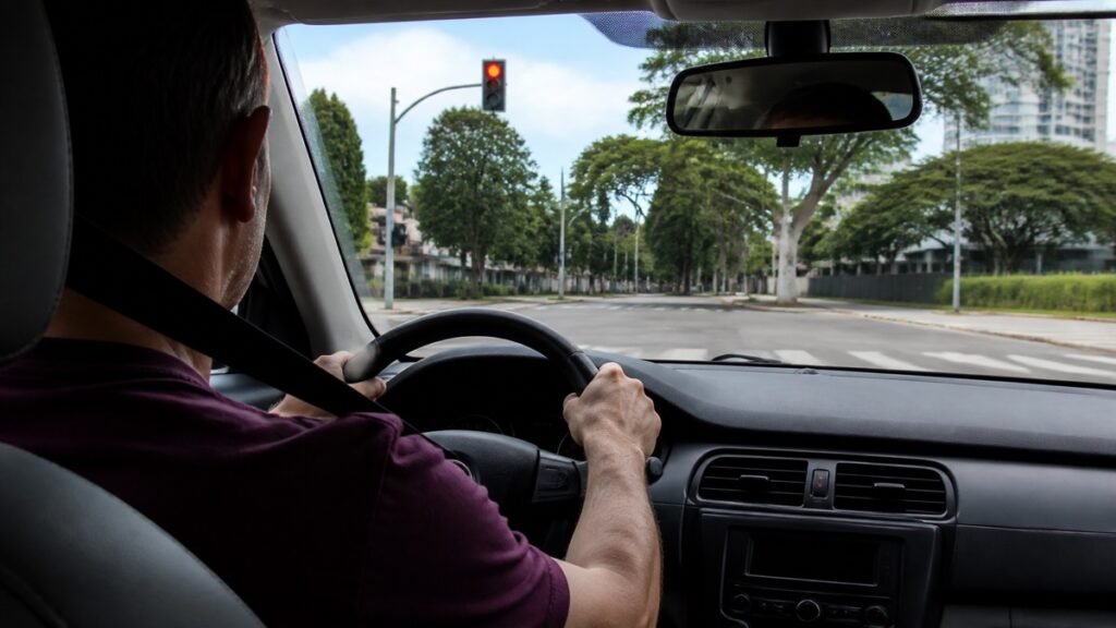 Motorista parado no sinal vermelho usando cinto de segurança