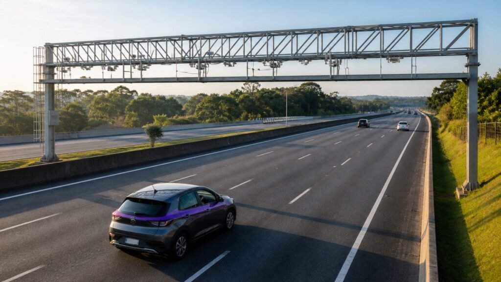 Pórtico de pedágio free flow sobre rodovia com veículos em movimento