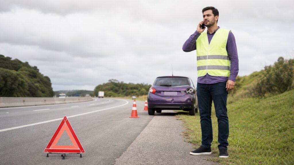 Motorista sinalizando a via e acionando socorro após acidente