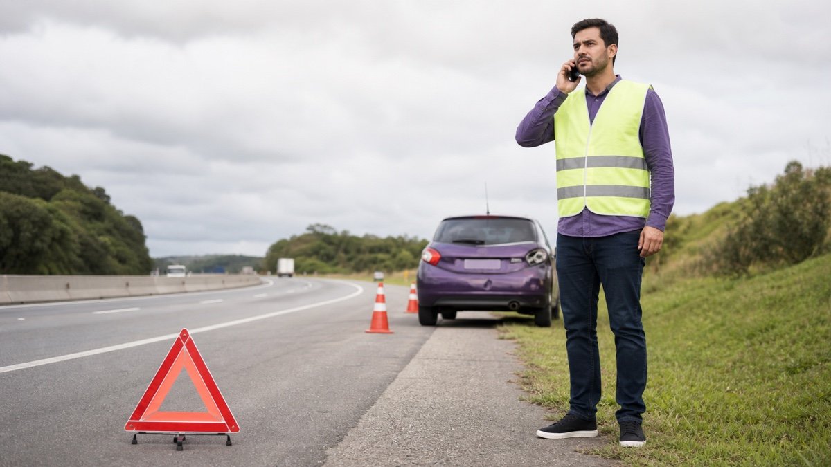 Motorista sinalizando a via e acionando socorro após acidente