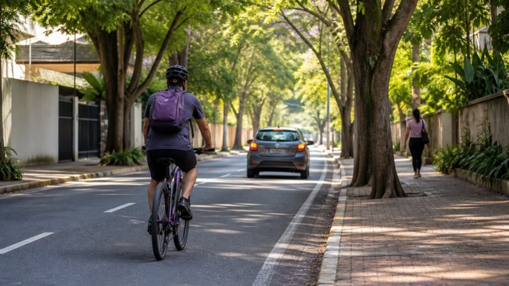 Ciclista, automóvel e pedestre compartilhando uma rua arborizada