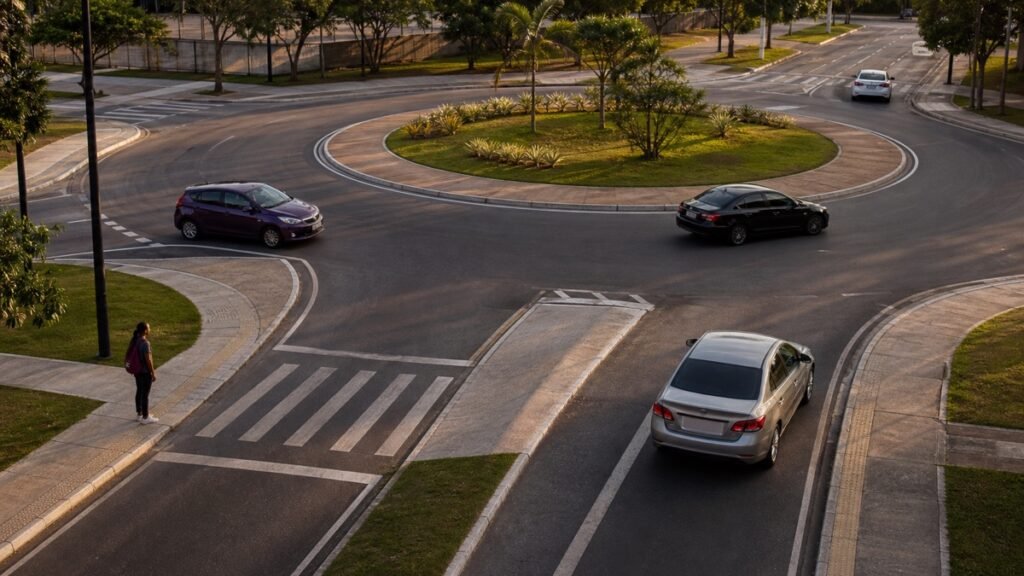 Veículos circulando com segurança em uma rotatória urbana