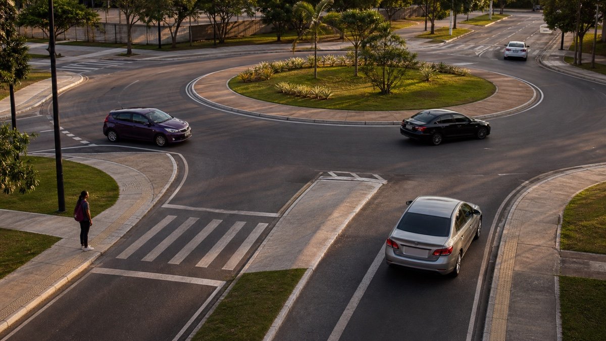 Veículos circulando com segurança em uma rotatória urbana