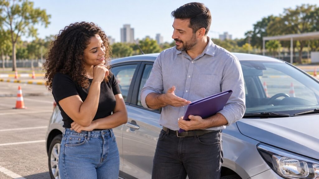 Candidata conversando com instrutor de trânsito ao lado de um carro estacionado