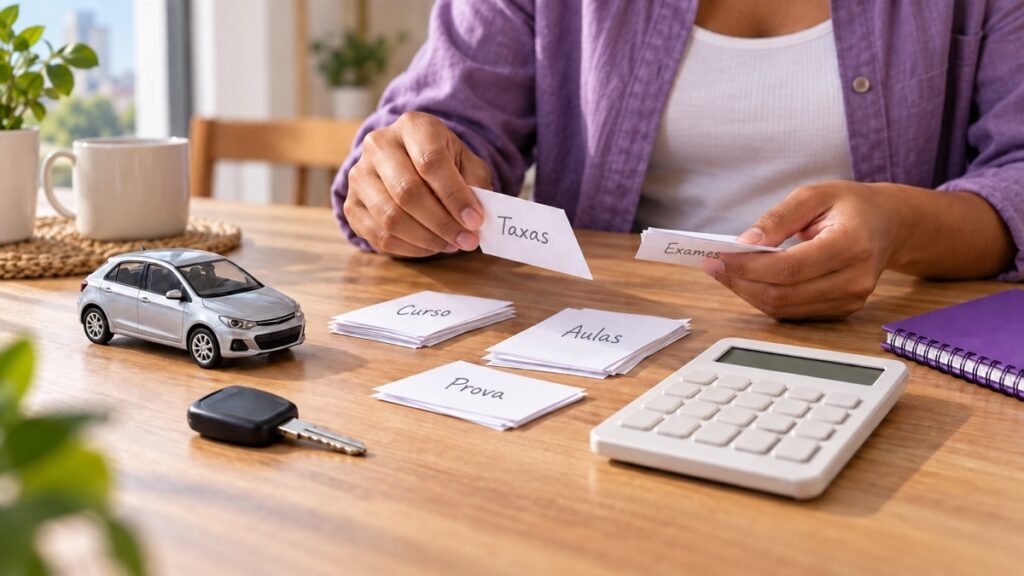 Candidata organizando cartões com os custos para tirar a CNH