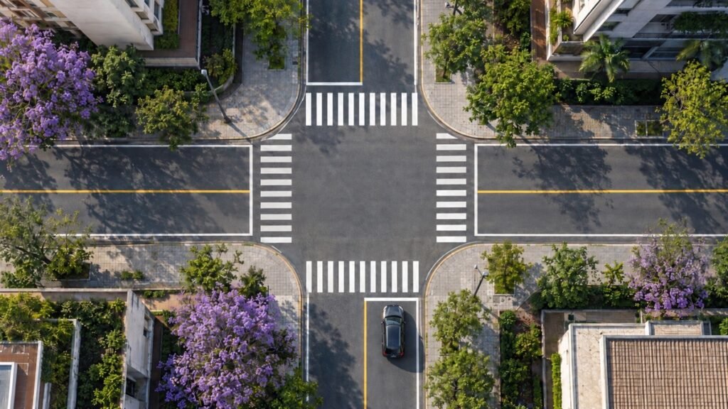 Cruzamento urbano brasileiro visto de cima com um carro na mão correta