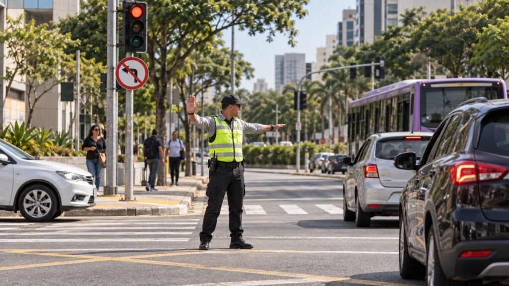 Agente de trânsito orientando veículos em cruzamento com semáforo e placa