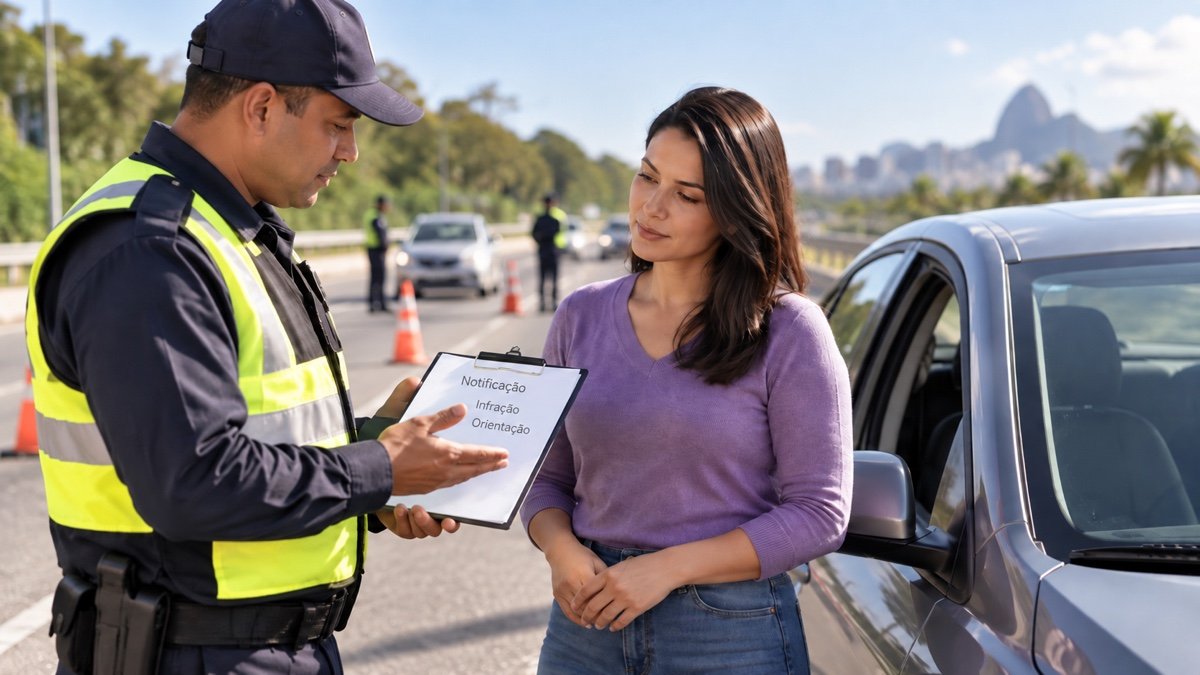 Agente orientando motorista sobre notificação de infração de trânsito