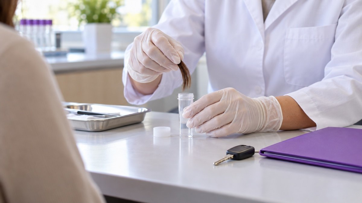 Profissional de laboratório preparando amostra de cabelo para exame toxicológico da primeira CNH