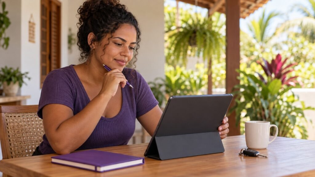 Candidata estudando em tablet para a prova teórica do Detran-AL