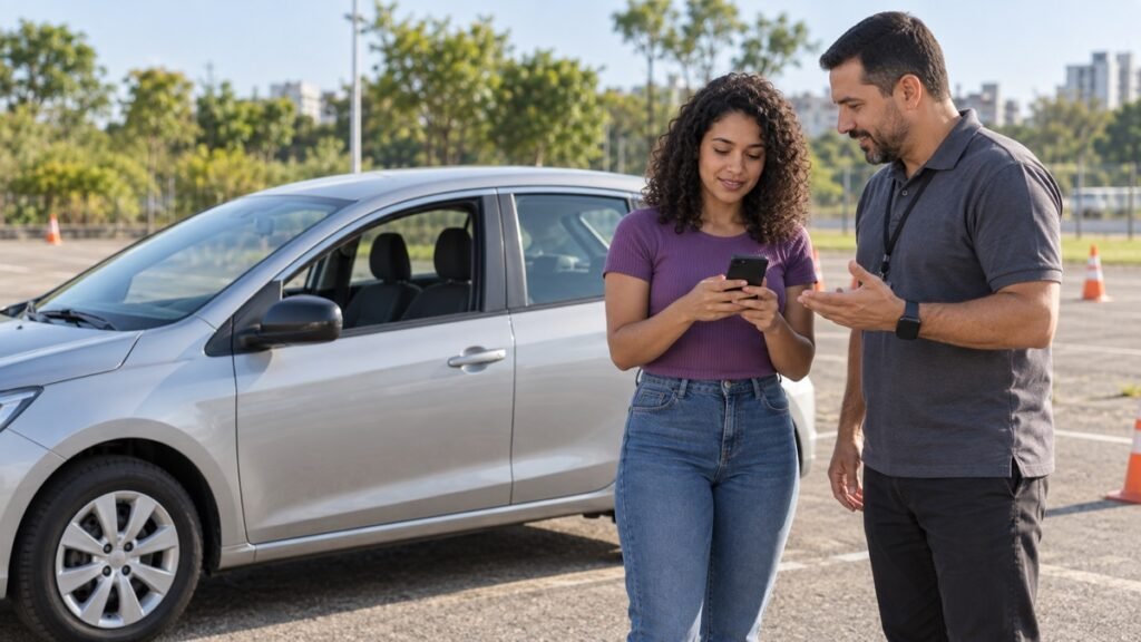 Candidata consultando a LADV digital com instrutor ao lado do carro de aprendizagem