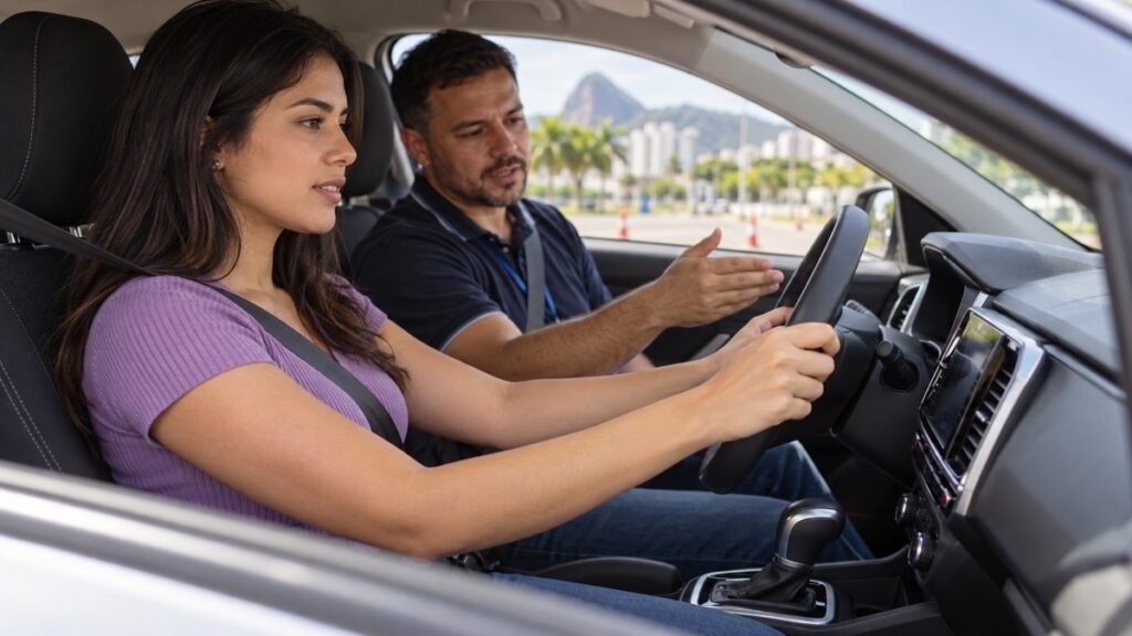 Candidata ao volante de carro automático durante aula prática com instrutor no Rio de Janeiro