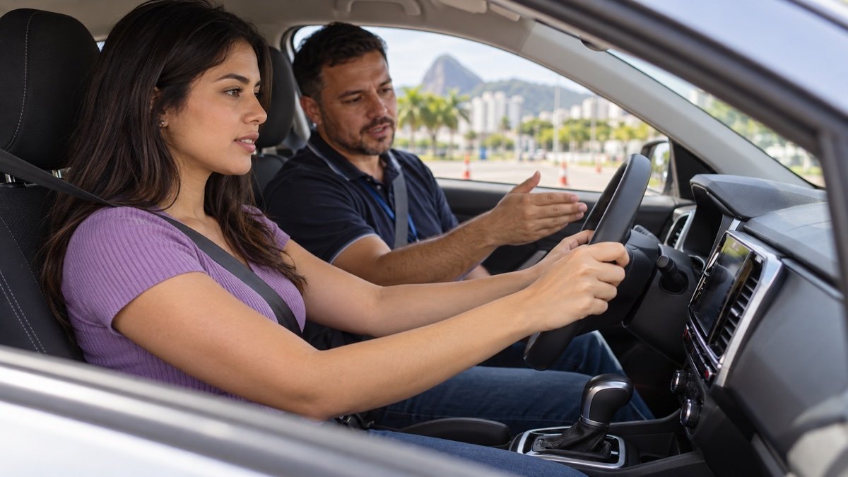 Candidata ao volante de carro automático durante aula prática com instrutor no Rio de Janeiro