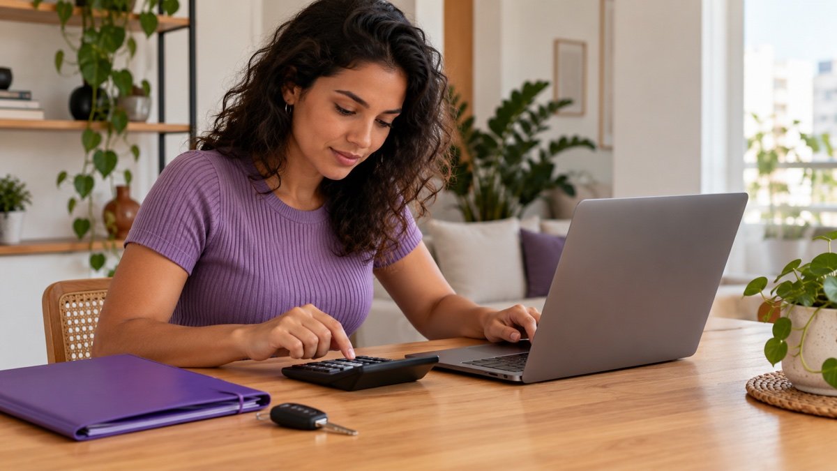 Candidata consulta a taxa da prova teórica do Detran em notebook e calculadora