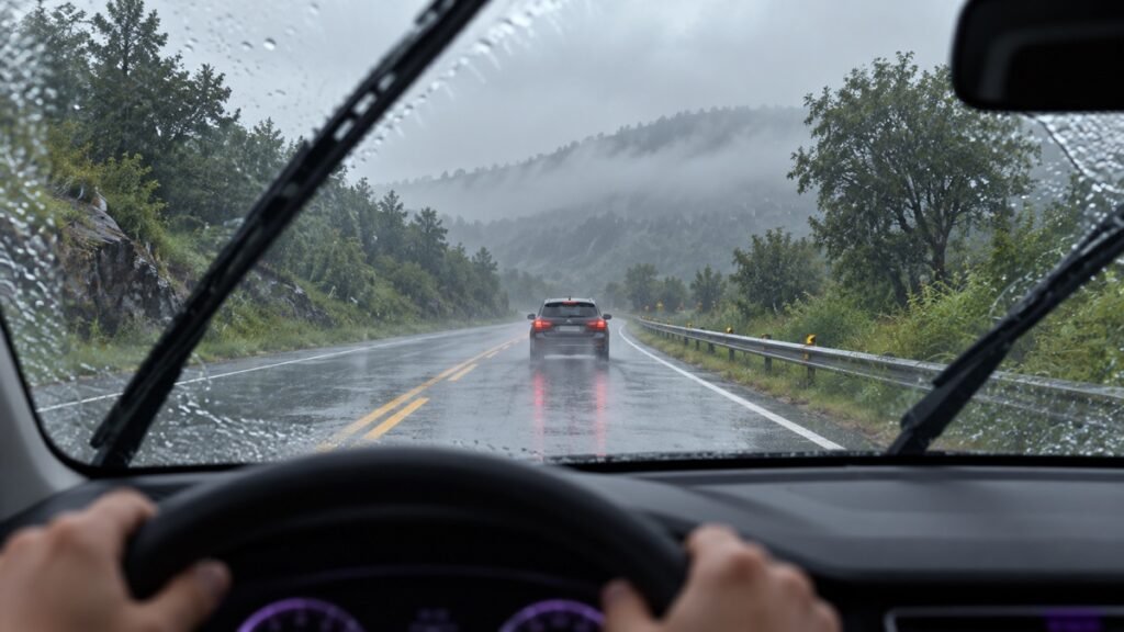 Visão do motorista em estrada molhada com chuva, neblina e distância segura